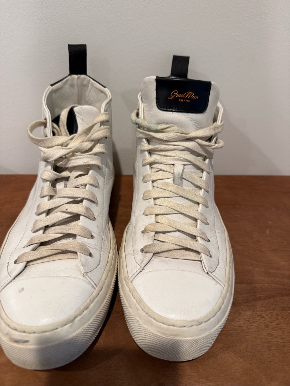 Good Man Brand White High-Top Sneakers with Black Heel Tab
